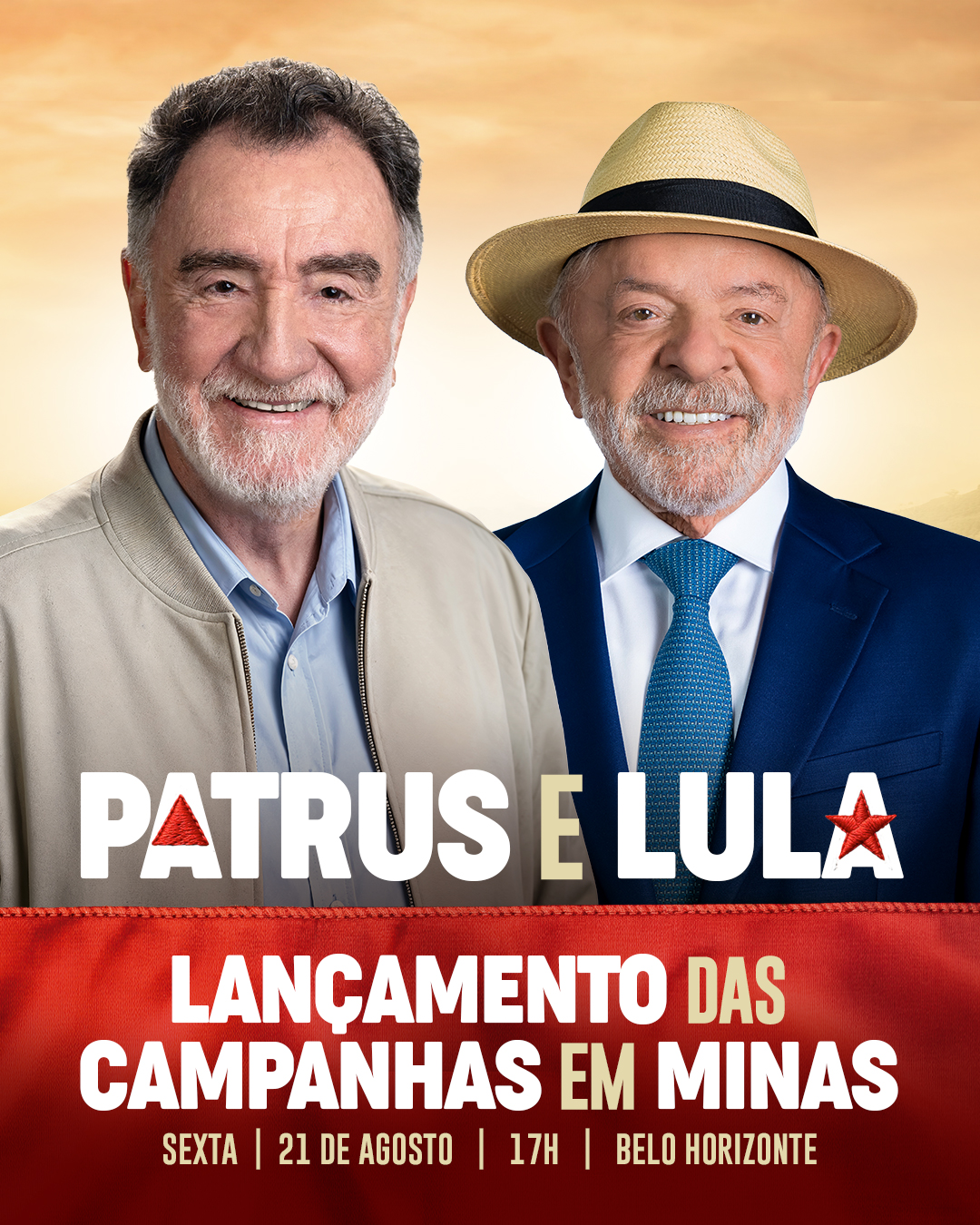 Patrus e Lula no lançamento das campanhas em Minas, dia 21 de agosto, às 17h, em Belo Horizonte
